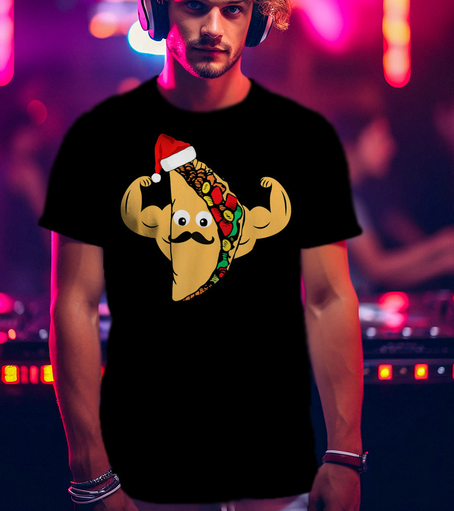 Funny Taco With Santa Hat And Mustache Flexing Muscles Family T-Shirt