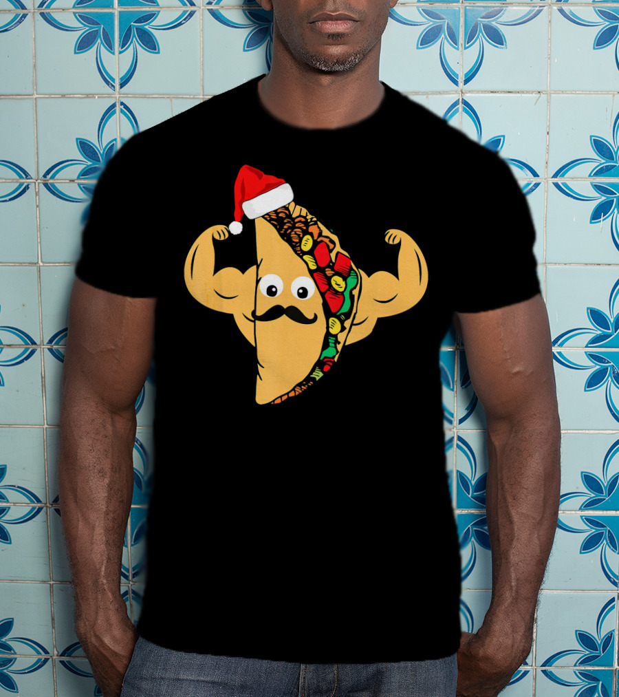 Funny Taco With Santa Hat And Mustache Flexing Muscles Family T-Shirt