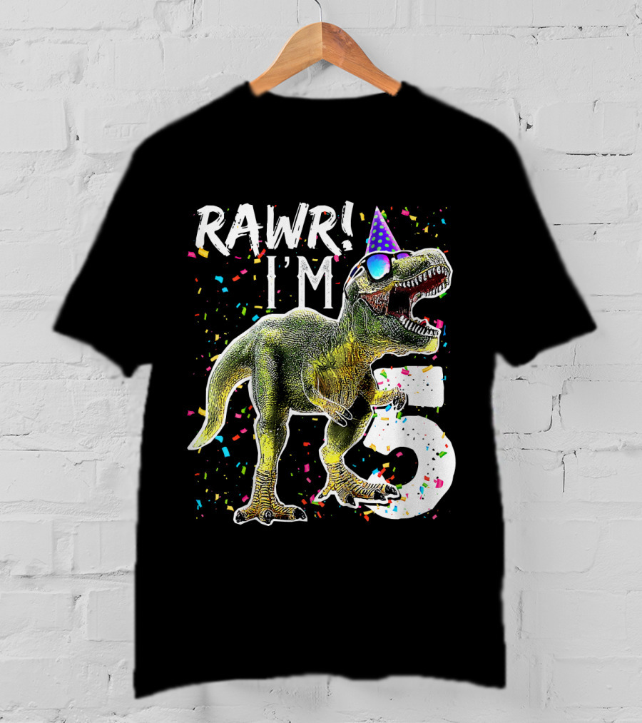 Rawr I'm 5 Dinosaur Birthday Party Hat Confetti T-Shirt