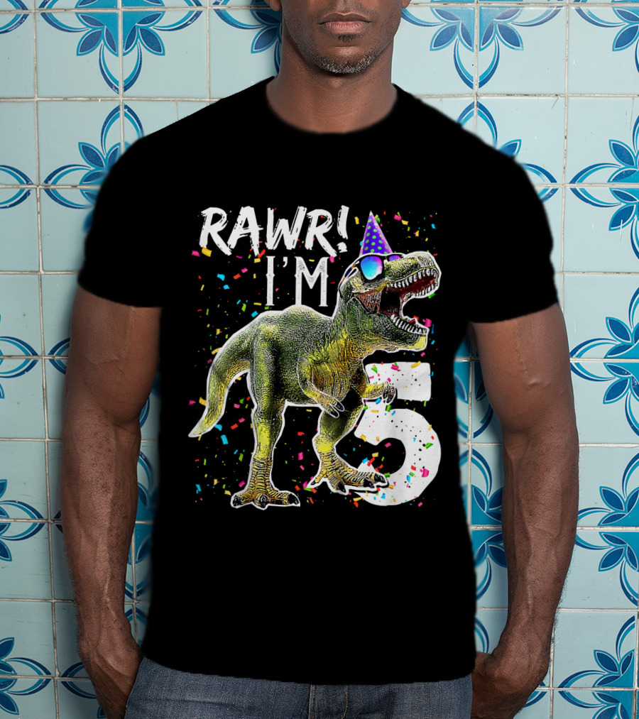 Rawr I'm 5 Dinosaur Birthday Party Hat Confetti T-Shirt