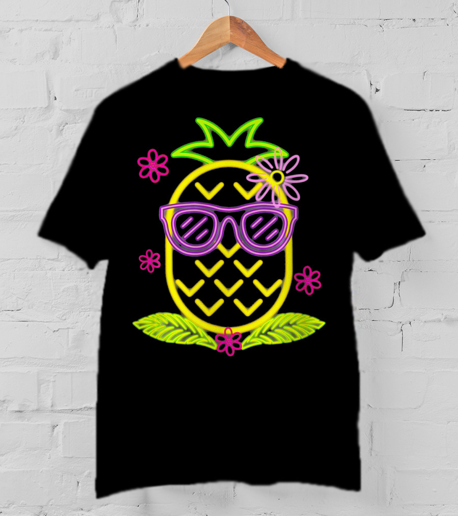 Neon Pineapple With Sunglasses And Flowers Luau Party Vibes T-Shirt