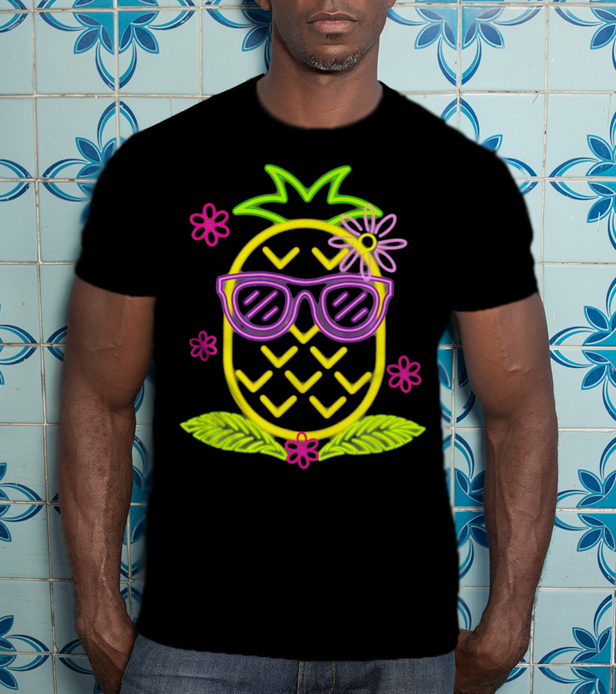 Neon Pineapple With Sunglasses And Flowers Luau Party Vibes T-Shirt