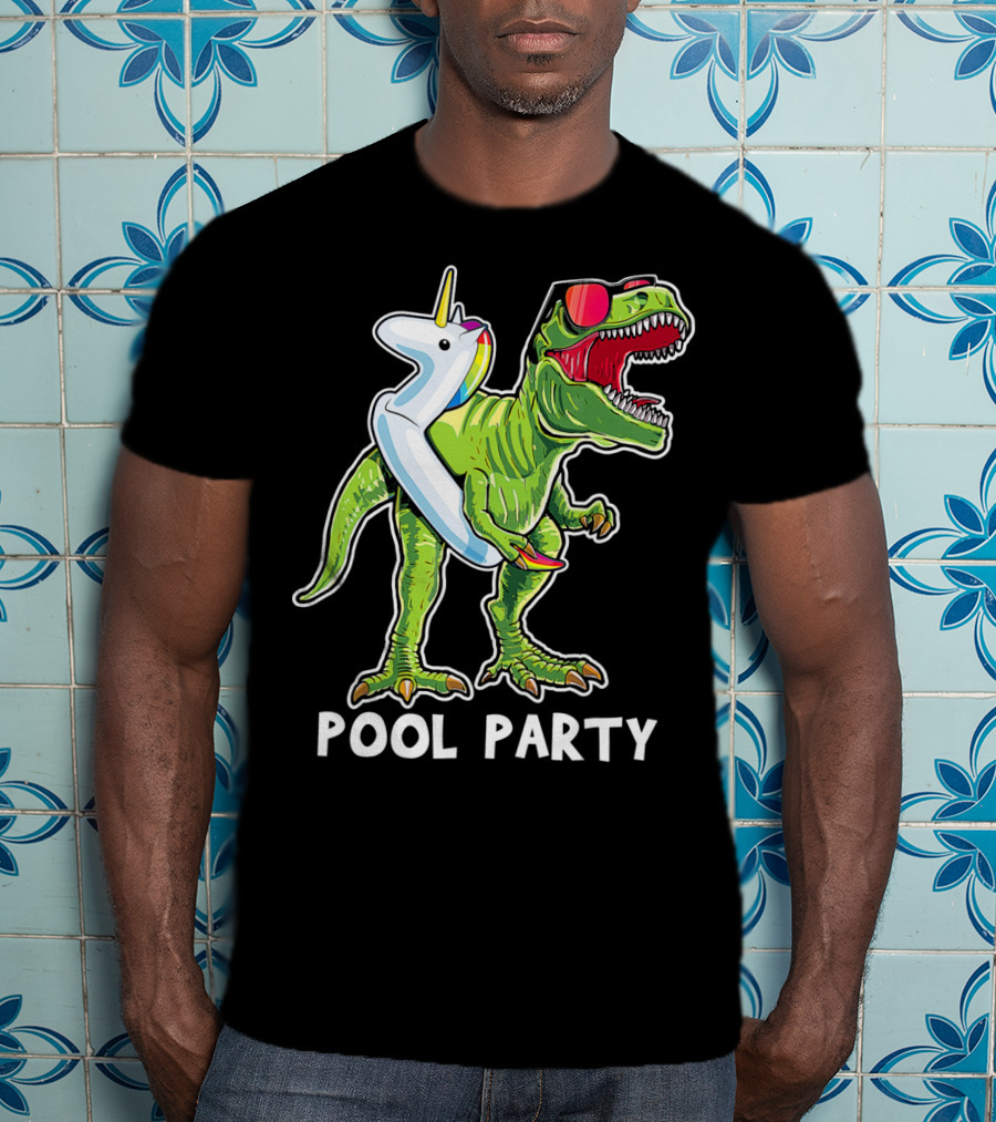Pool Party Rex Dinosaur With Unicorn Float And Sunglasses T-Shirt