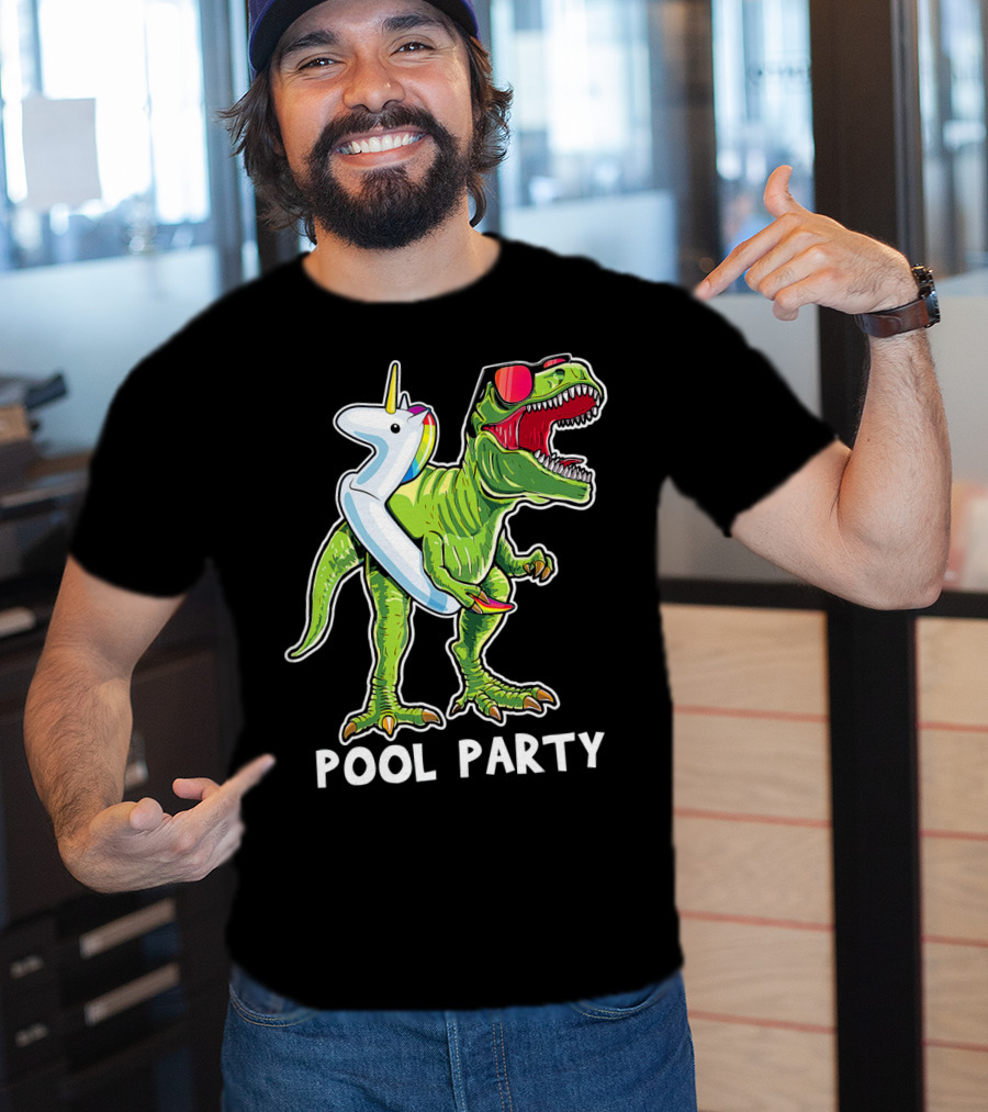 Pool Party Rex Dinosaur With Unicorn Float And Sunglasses T-Shirt