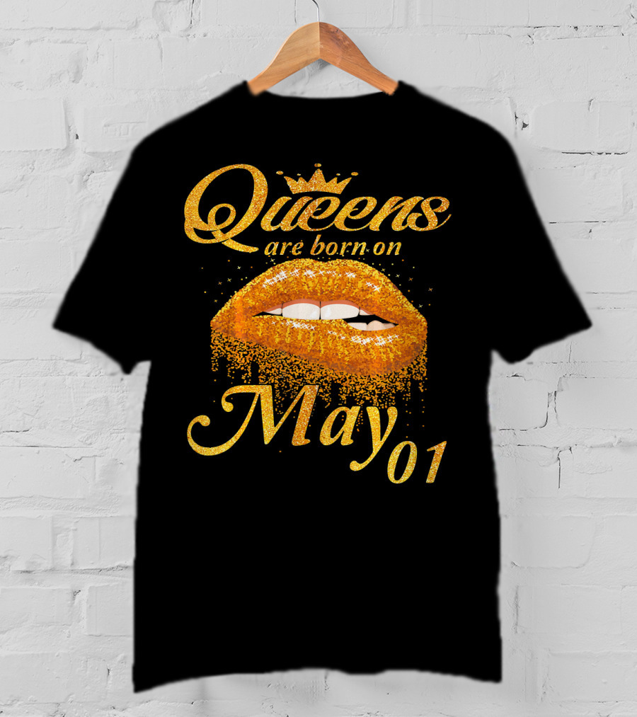 Queens Are Born On May 01 Gold Lips Crown Sparkle T-Shirt