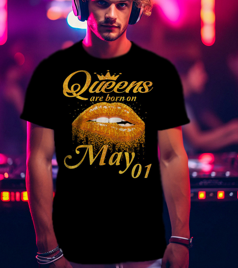 Queens Are Born On May 01 Gold Lips Crown Sparkle T-Shirt