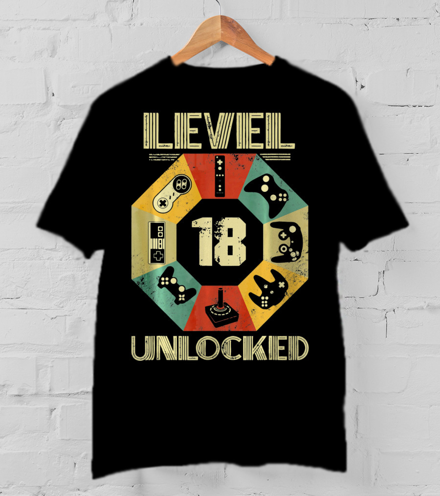Level 18 Unlocked Video Game Controllers Retro T-Shirt