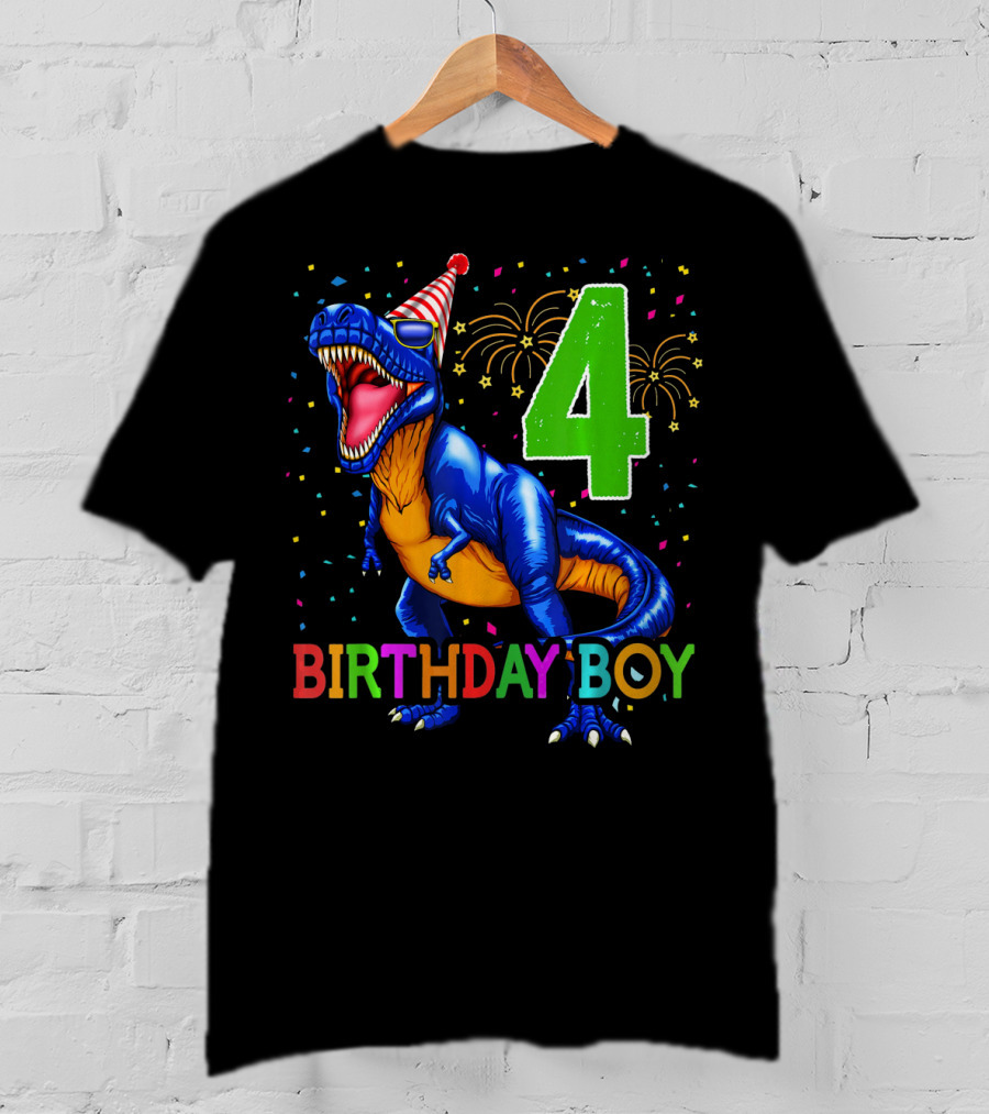 Birthday Boy 4 Dinosaur Party Hat Fireworks T-Shirt