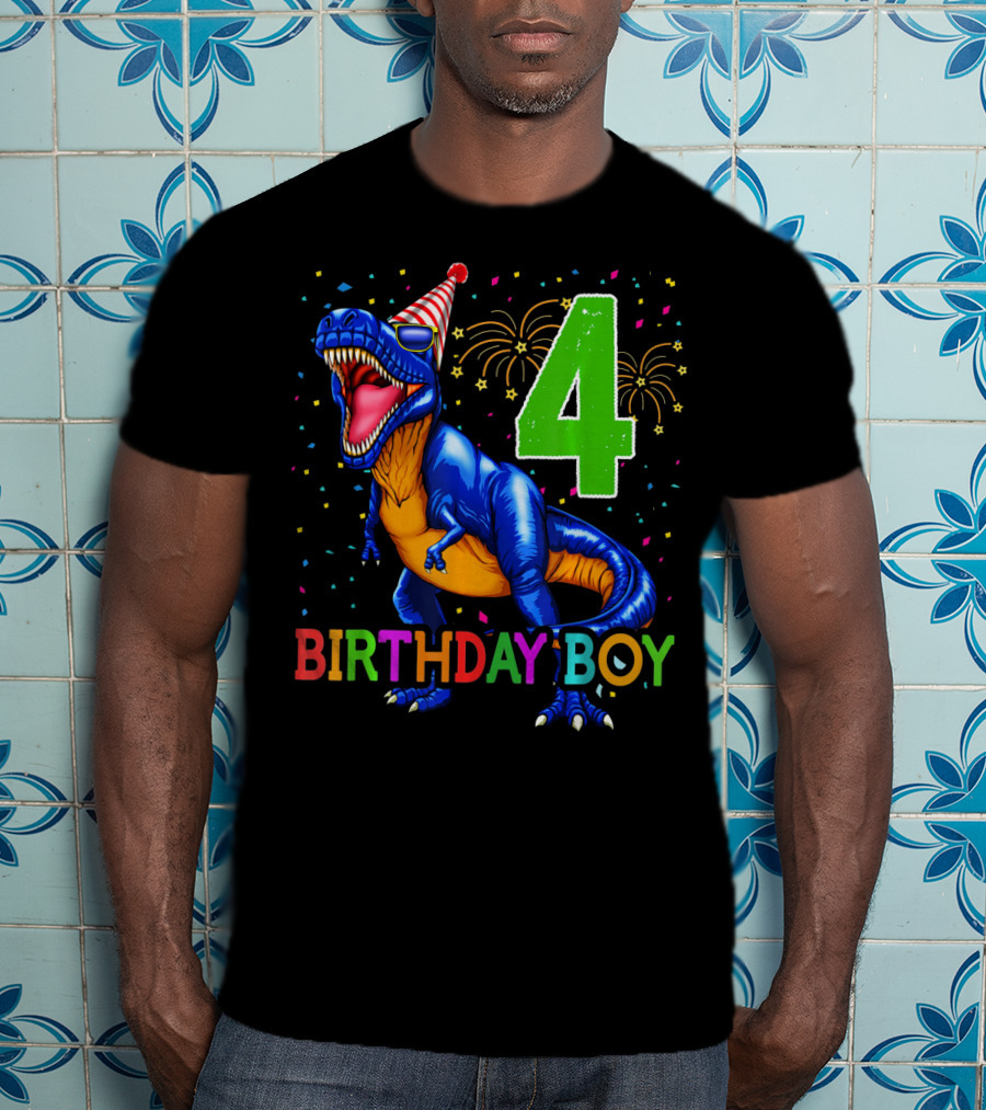 Birthday Boy 4 Dinosaur Party Hat Fireworks T-Shirt