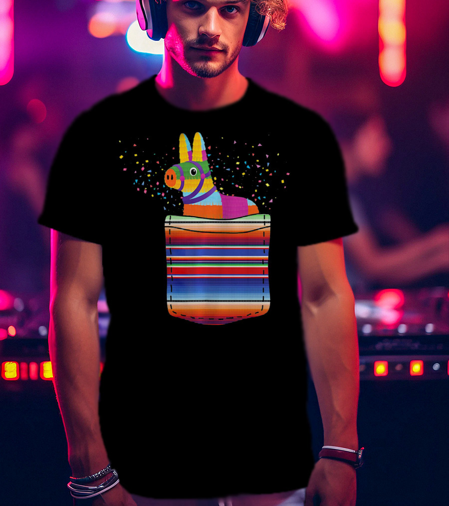 Pocket Pinata Serape Fiesta Blanket Confetti Burst T-Shirt