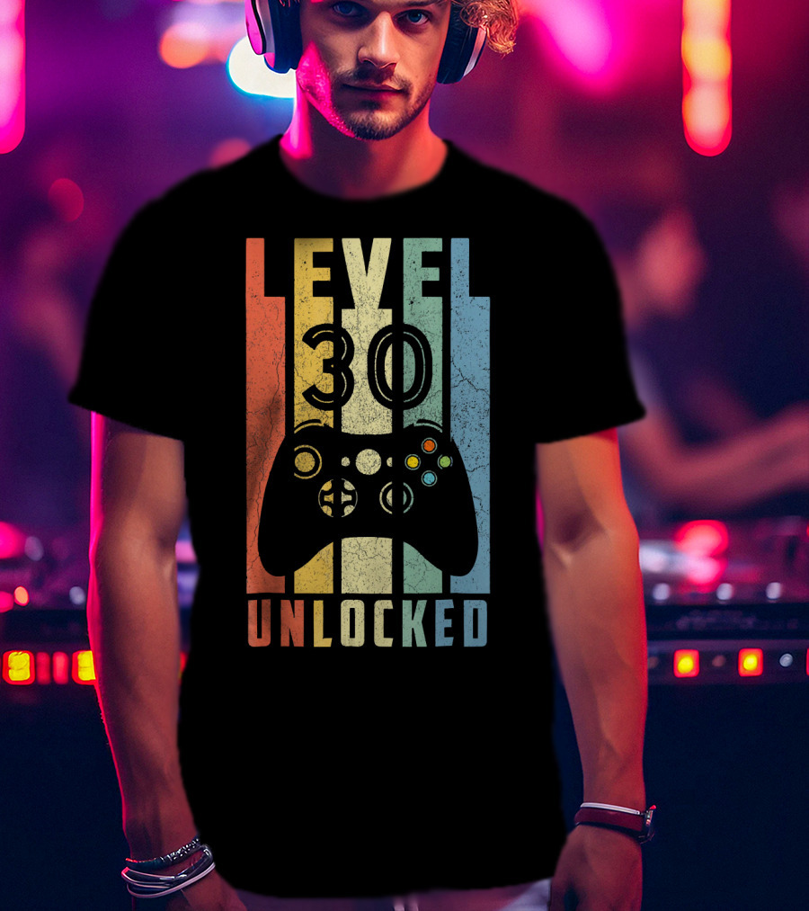 Level 30 Unlocked Video Game Controller Retro Stripes T-Shirt