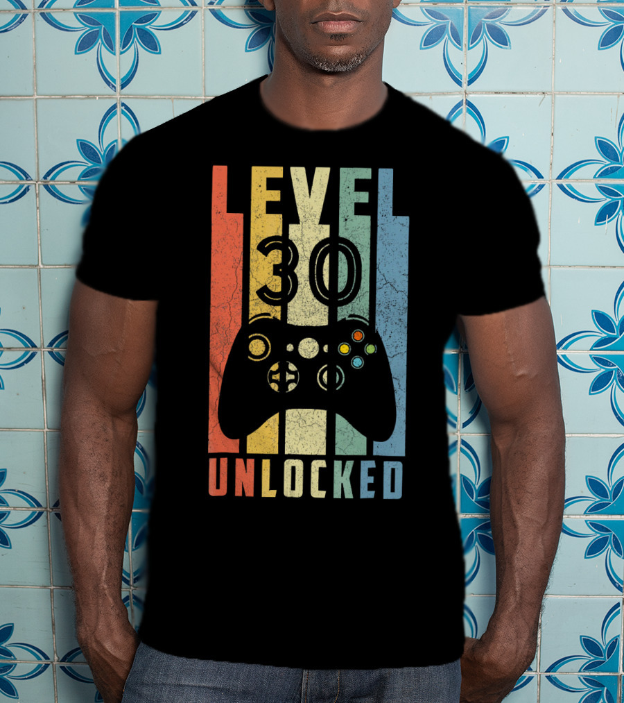 Level 30 Unlocked Video Game Controller Retro Stripes T-Shirt