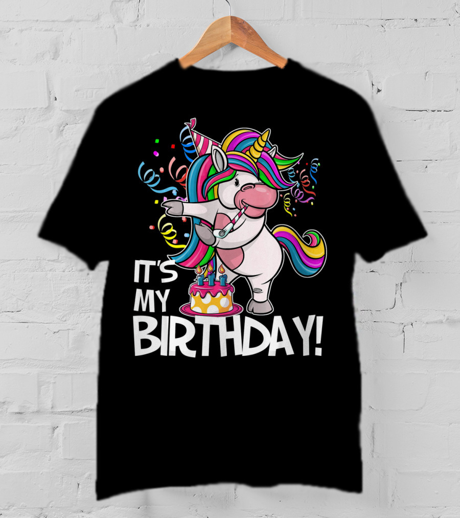 IT'S MY BIRTHDAY Flossing Unicorn Party With Cake And Confetti T-Shirt