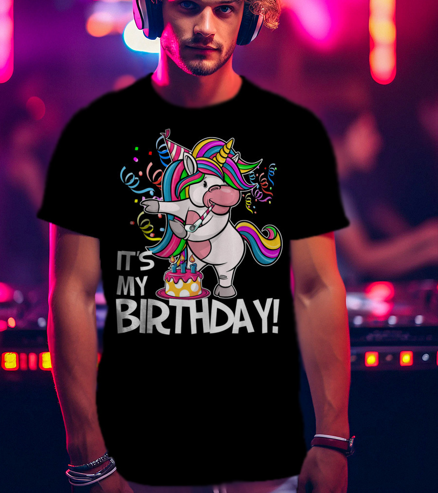 IT'S MY BIRTHDAY Flossing Unicorn Party With Cake And Confetti T-Shirt