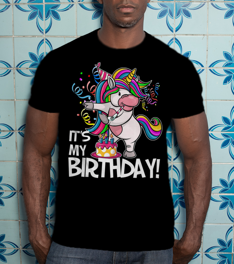IT'S MY BIRTHDAY Flossing Unicorn Party With Cake And Confetti T-Shirt