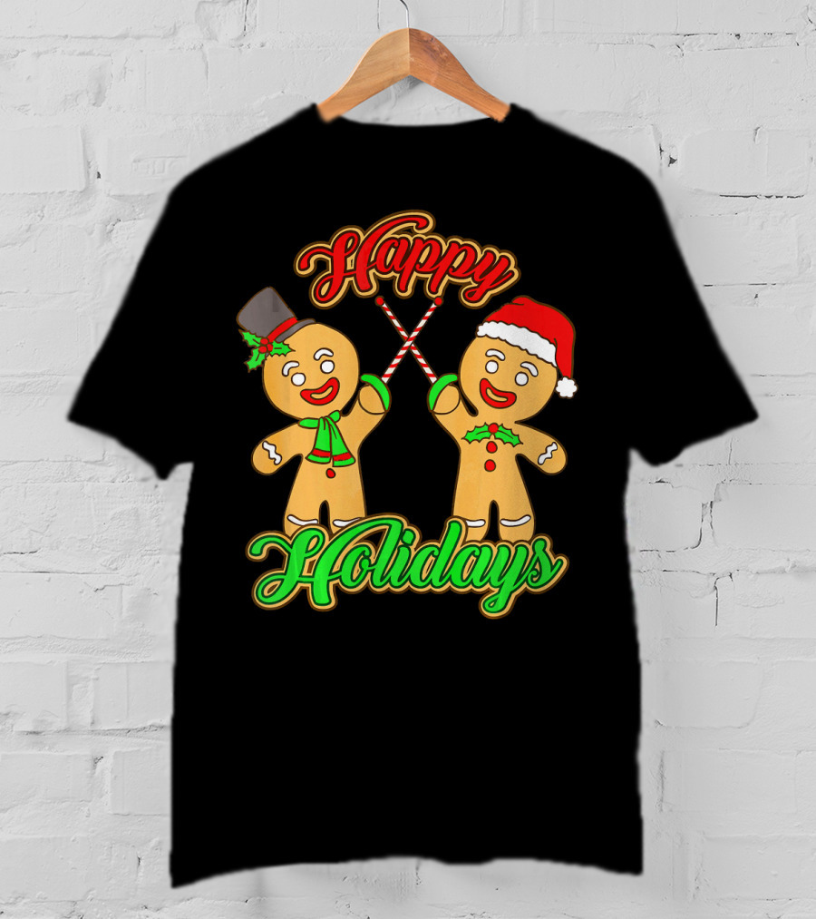 Happy Holidays Gingerbread Men Fencing With Candy Canes T-Shirt