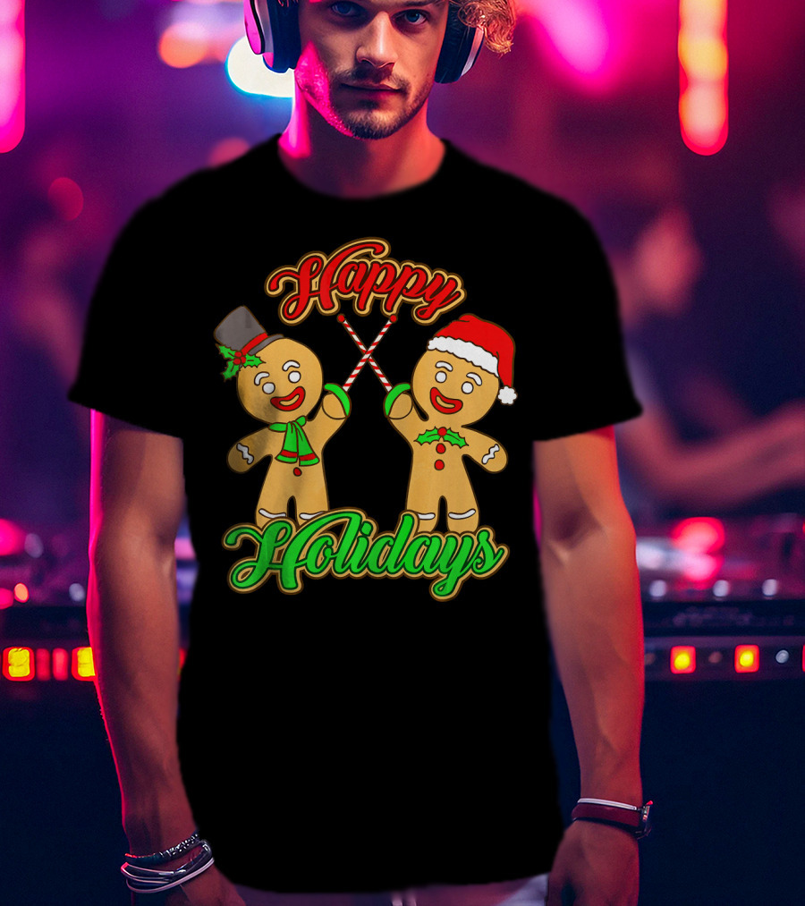 Happy Holidays Gingerbread Men Fencing With Candy Canes T-Shirt