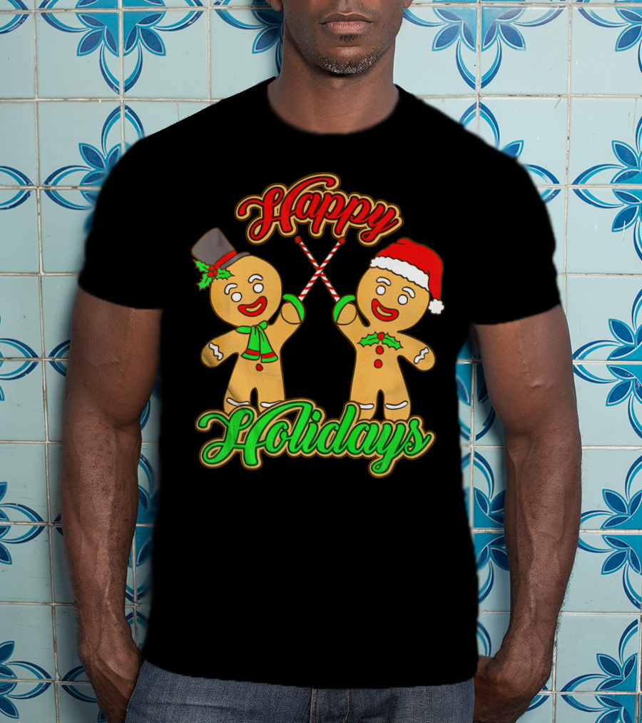 Happy Holidays Gingerbread Men Fencing With Candy Canes T-Shirt