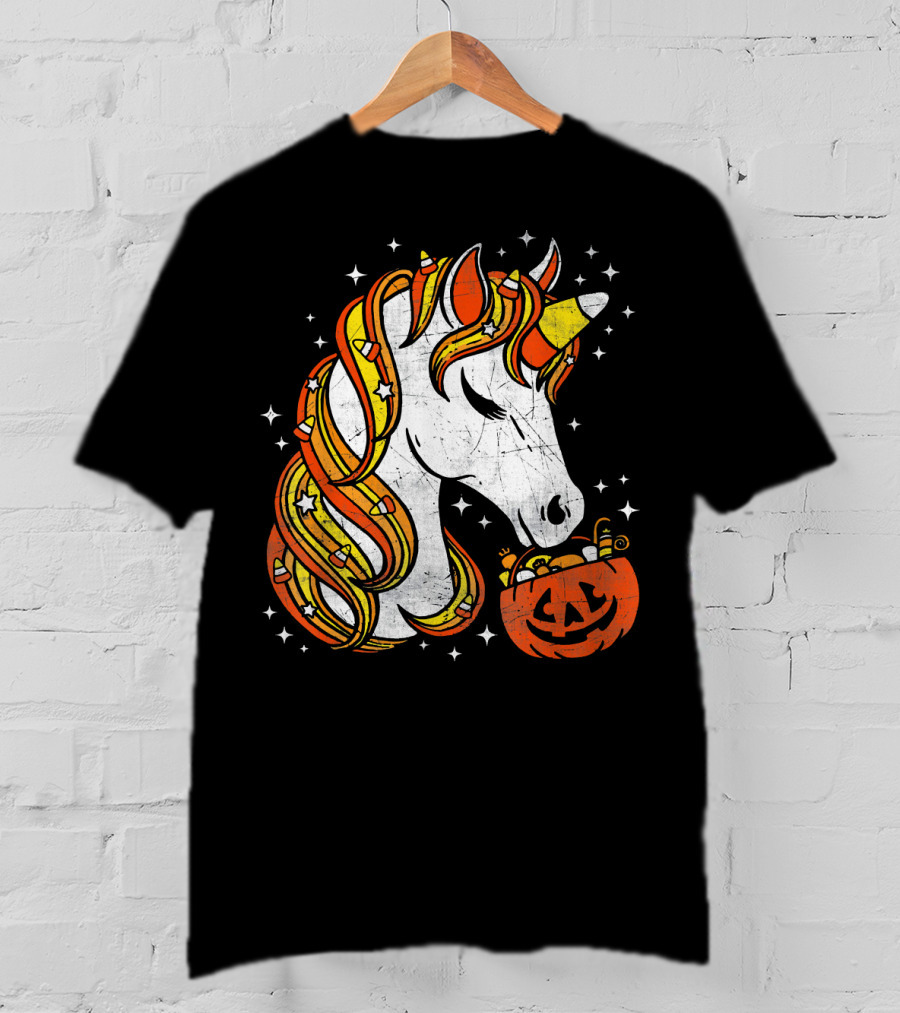Candy Corn Unicorn With Jack-O'-Lantern Stars Halloween Top T-Shirt
