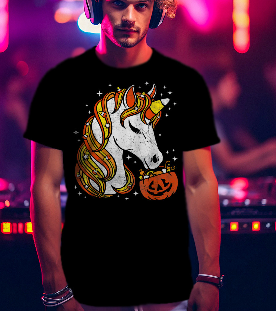 Candy Corn Unicorn With Jack-O'-Lantern Stars Halloween Top T-Shirt