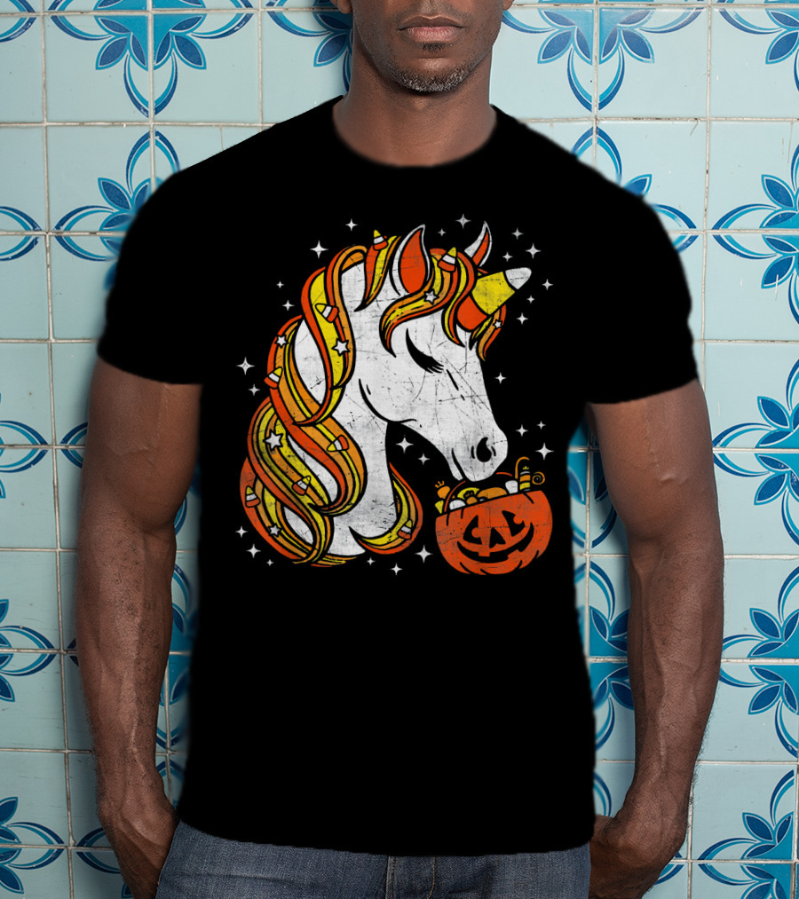 Candy Corn Unicorn With Jack-O'-Lantern Stars Halloween Top T-Shirt