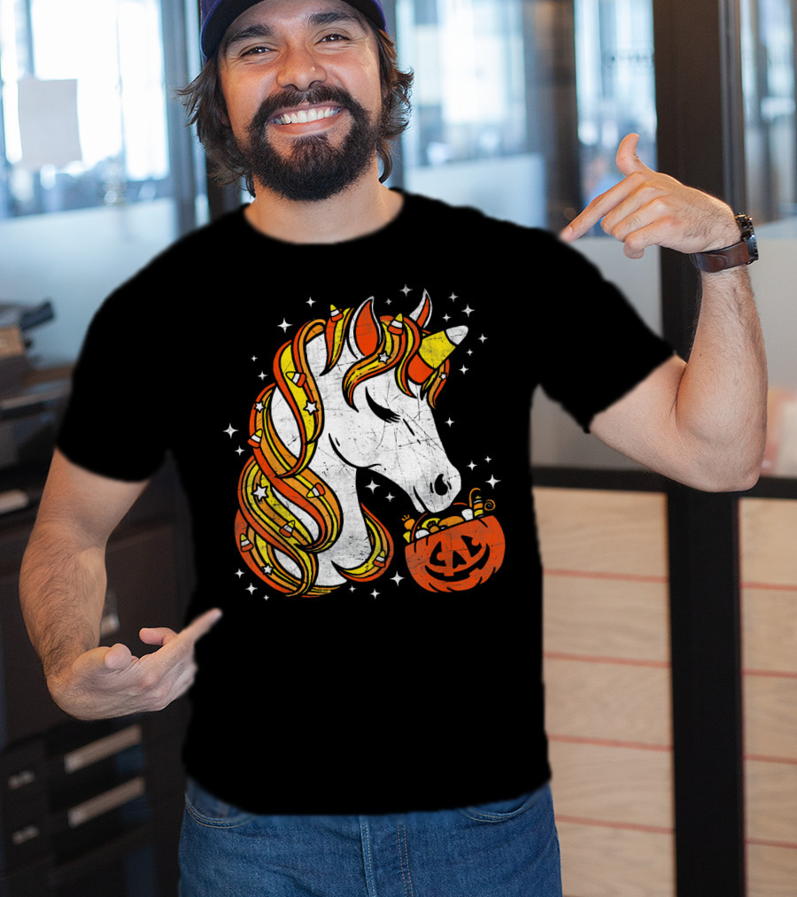 Candy Corn Unicorn With Jack-O'-Lantern Stars Halloween Top T-Shirt