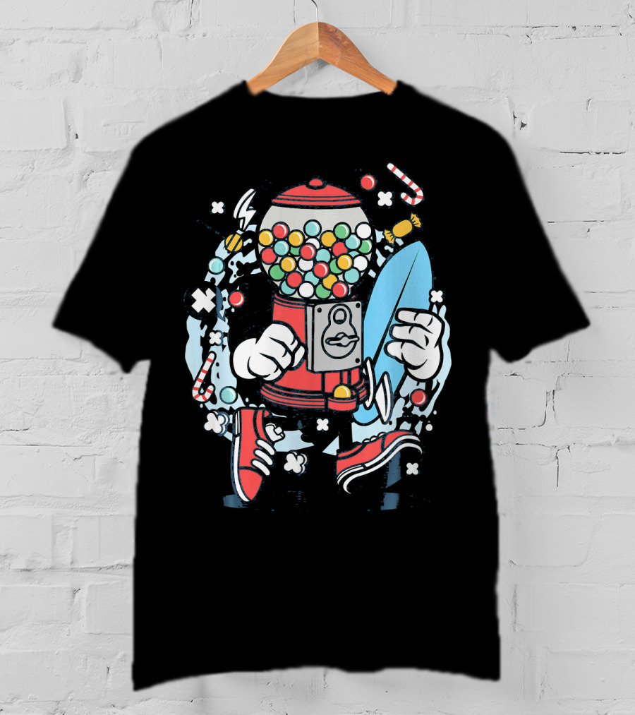 Cartoon Candy Machine With Surfboard And Sneakers Adventure T-Shirt