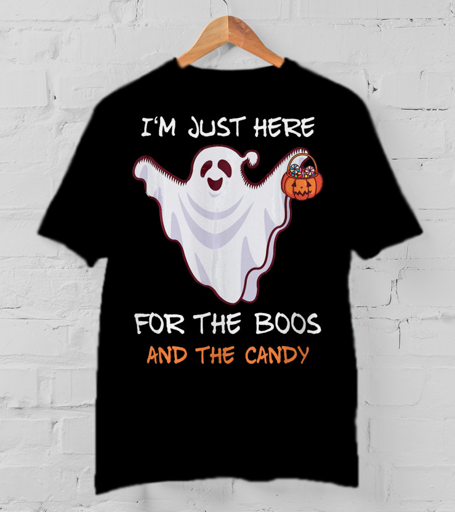 I'm Just Here For The Boos Ghost Holding Pumpkin Candy T-Shirt