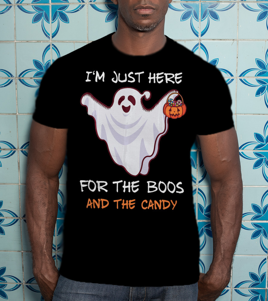 I'm Just Here For The Boos Ghost Holding Pumpkin Candy T-Shirt