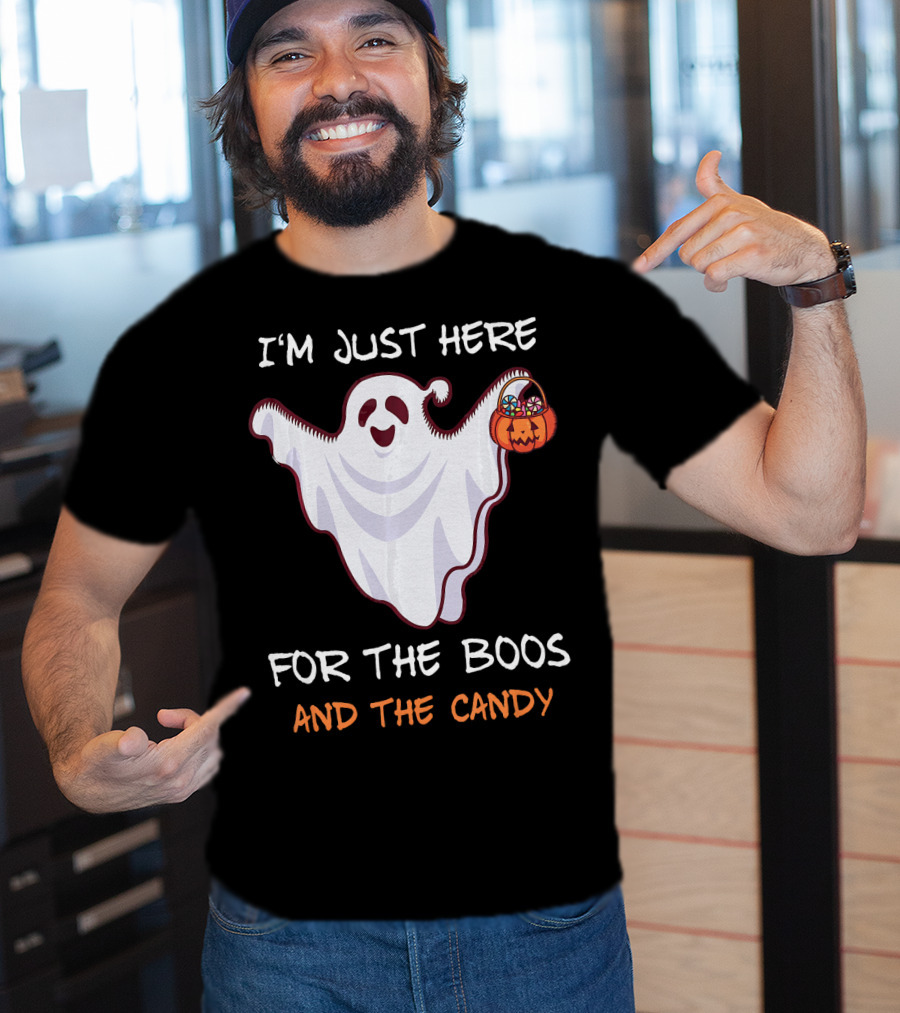 I'm Just Here For The Boos Ghost Holding Pumpkin Candy T-Shirt