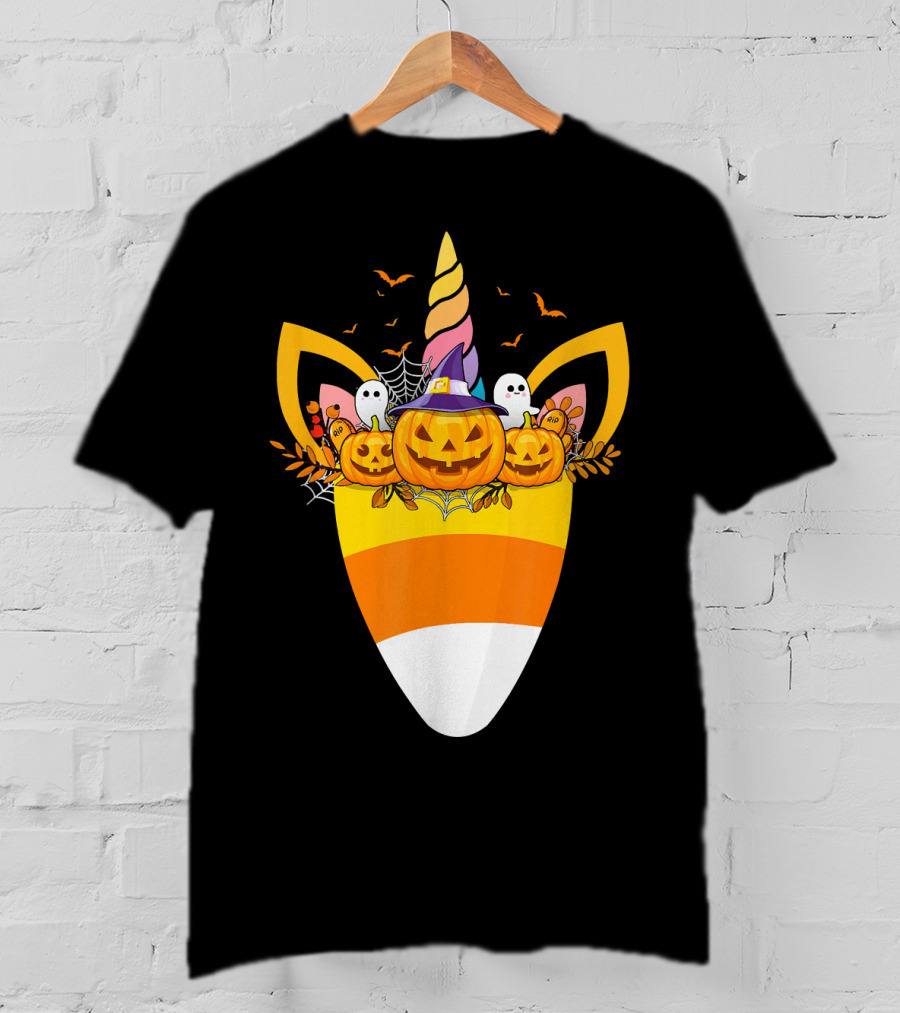 Unicorn Candy Corn Pumpkin Ghost Halloween Boo T-Shirt