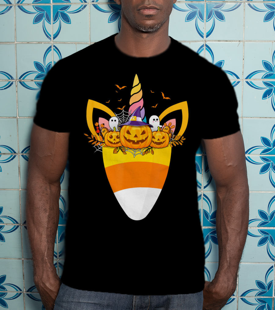 Unicorn Candy Corn Pumpkin Ghost Halloween Boo T-Shirt