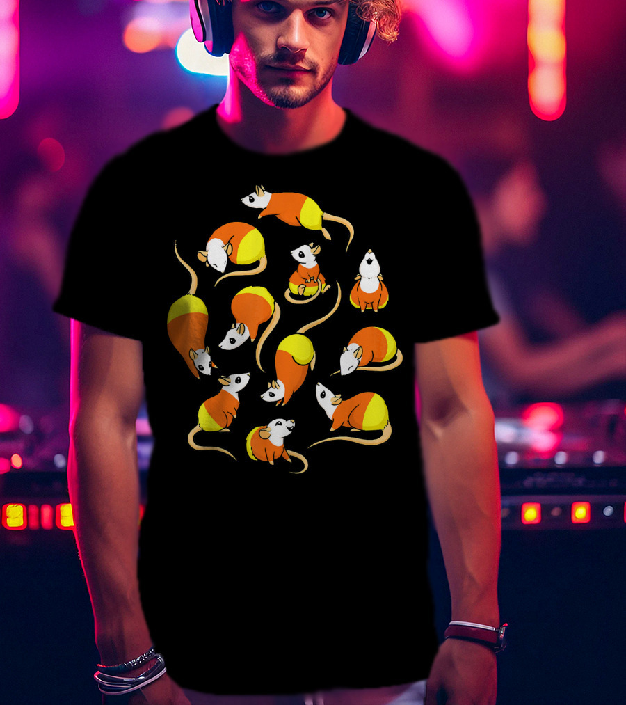 Candy Corn Rats Pattern Halloween-Themed T-Shirt