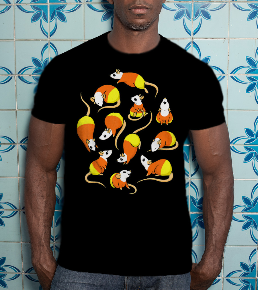 Candy Corn Rats Pattern Halloween-Themed T-Shirt