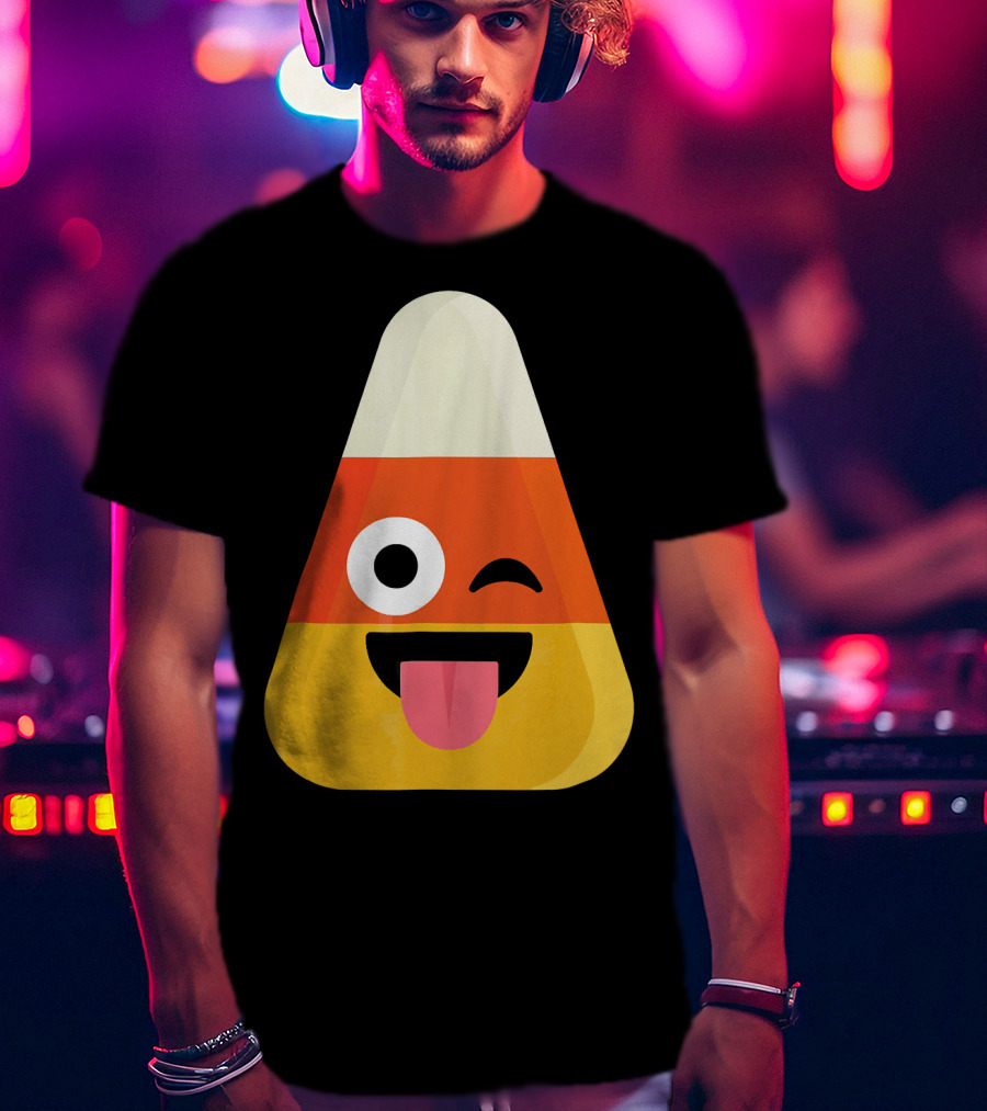 Candy Corn Emoji Wink Tongue Out Face T-Shirt