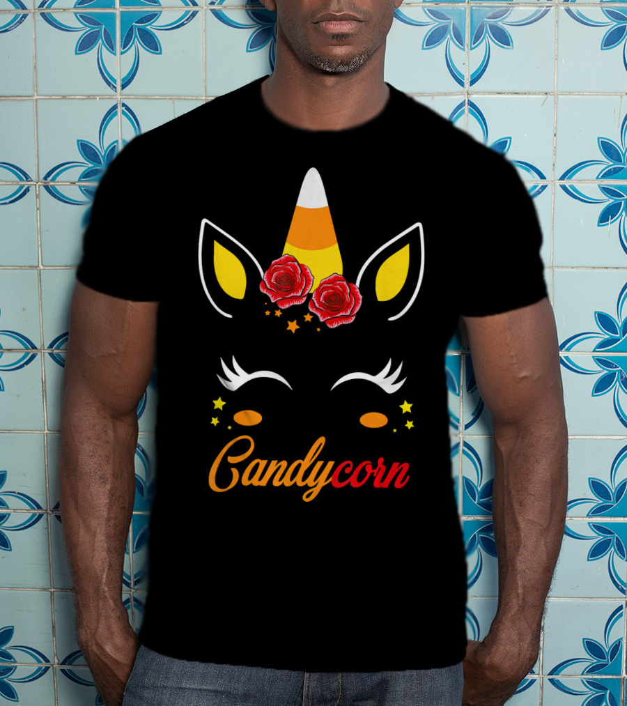 Candycorn Unicorn With Roses And Stars T-Shirt