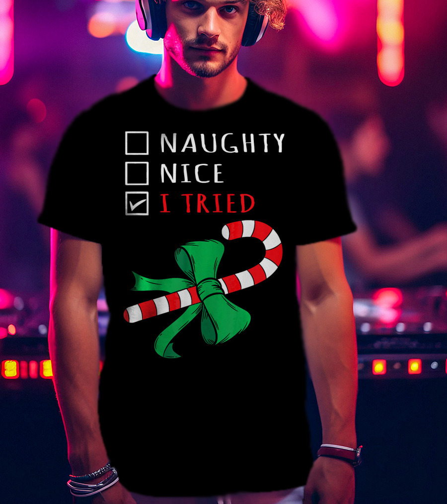 Naughty Nice I Tried Candy Cane Bow T-Shirt