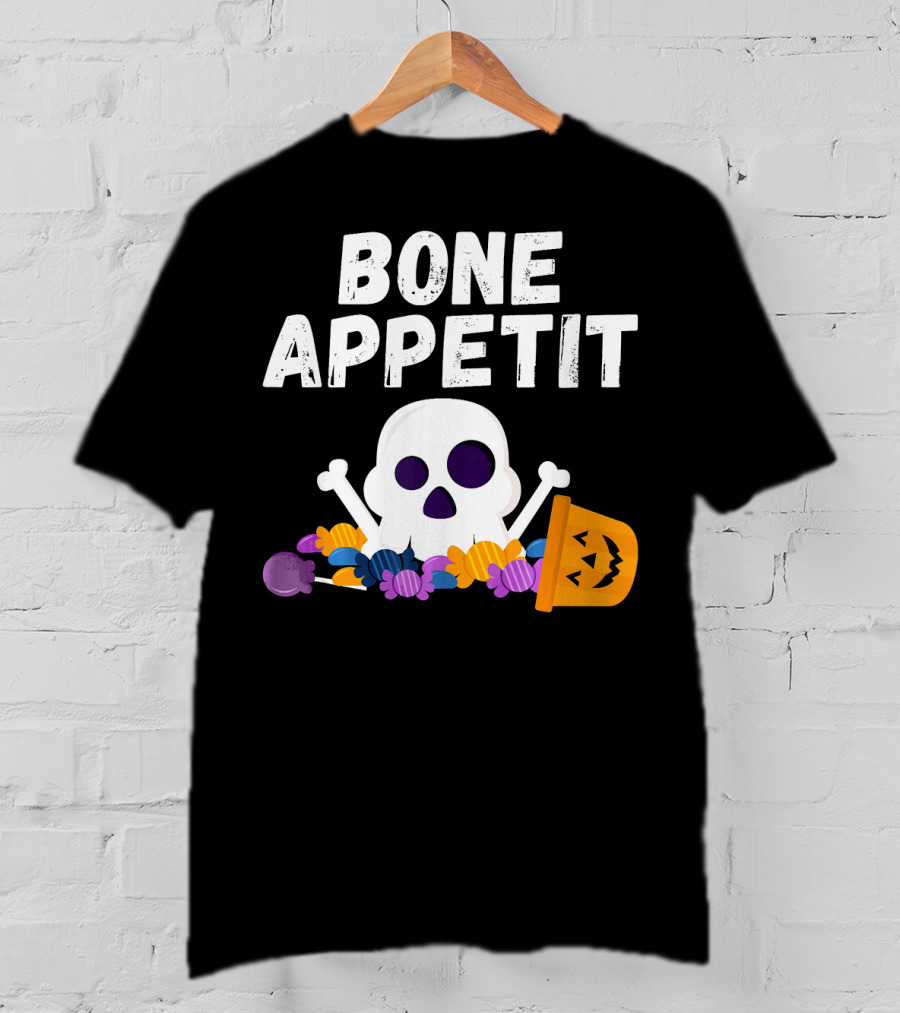 Bone Appetit Funny Skull Halloween Candy Pumpkin Chef Pun T-Shirt