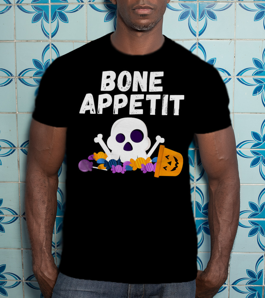 Bone Appetit Funny Skull Halloween Candy Pumpkin Chef Pun T-Shirt