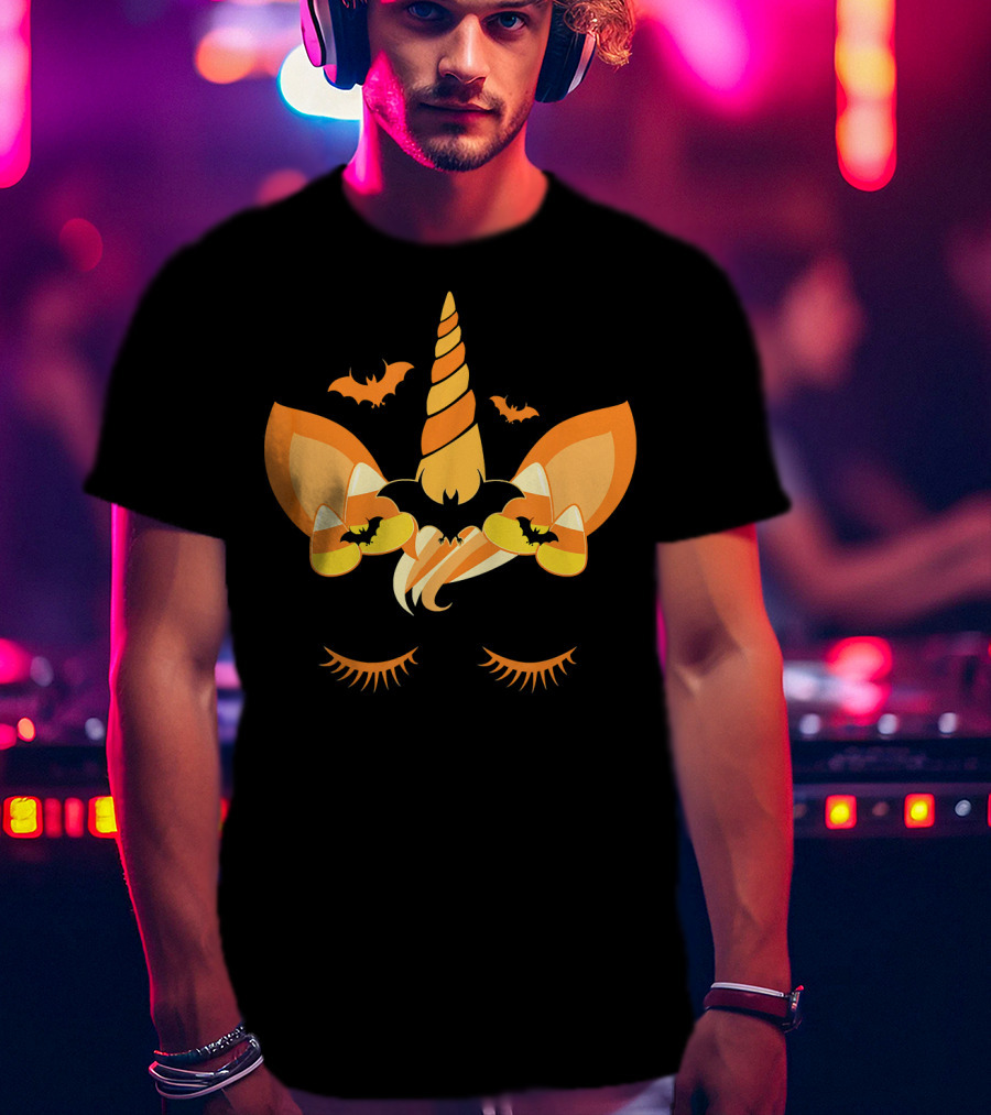 Halloween Unicorn Candy Corn Bat Ears Eyelashes T-Shirt