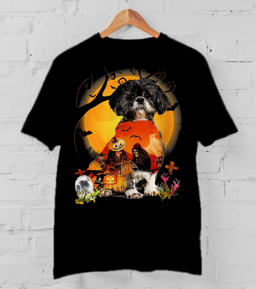 Shih Tzu Halloween Night With Pumpkins, Ghosts, And Full Moon T-Shirt
