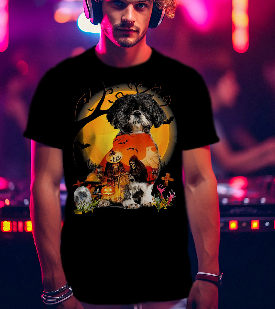 Shih Tzu Halloween Night With Pumpkins, Ghosts, And Full Moon T-Shirt