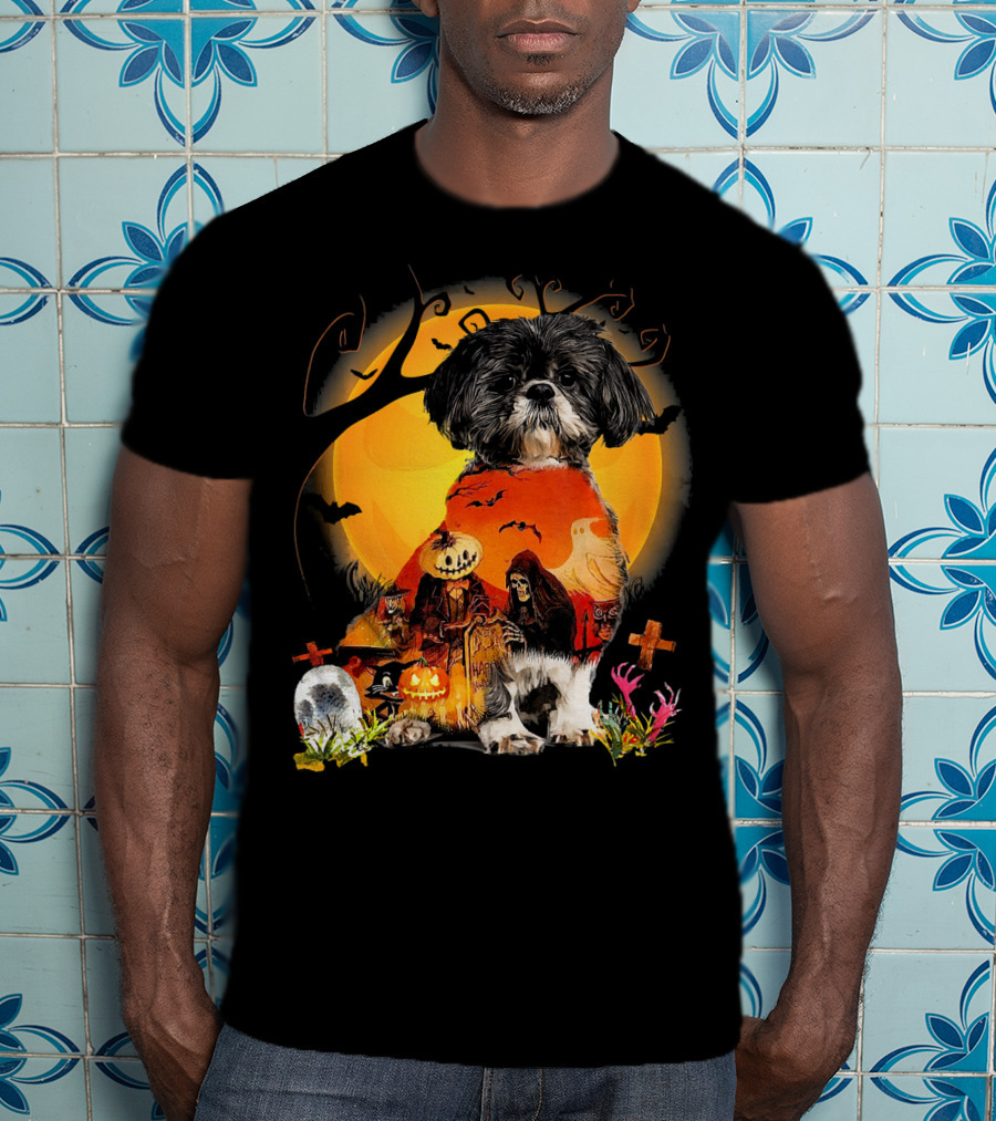 Shih Tzu Halloween Night With Pumpkins, Ghosts, And Full Moon T-Shirt
