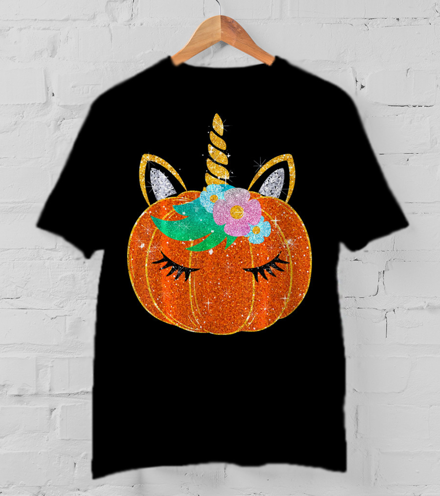 Sparkly Unicorn Pumpkin Halloween T-Shirt