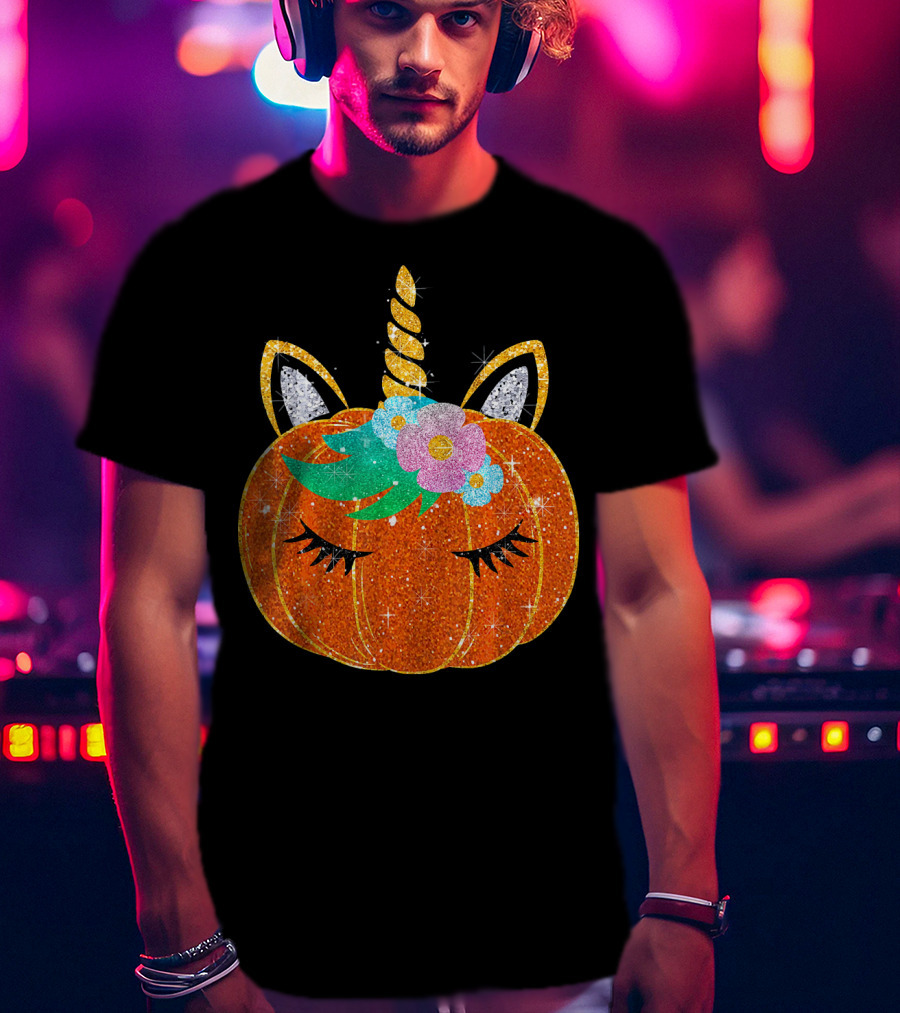 Sparkly Unicorn Pumpkin Halloween T-Shirt