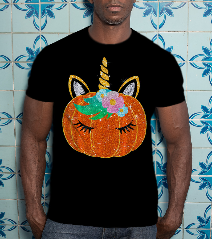 Sparkly Unicorn Pumpkin Halloween T-Shirt