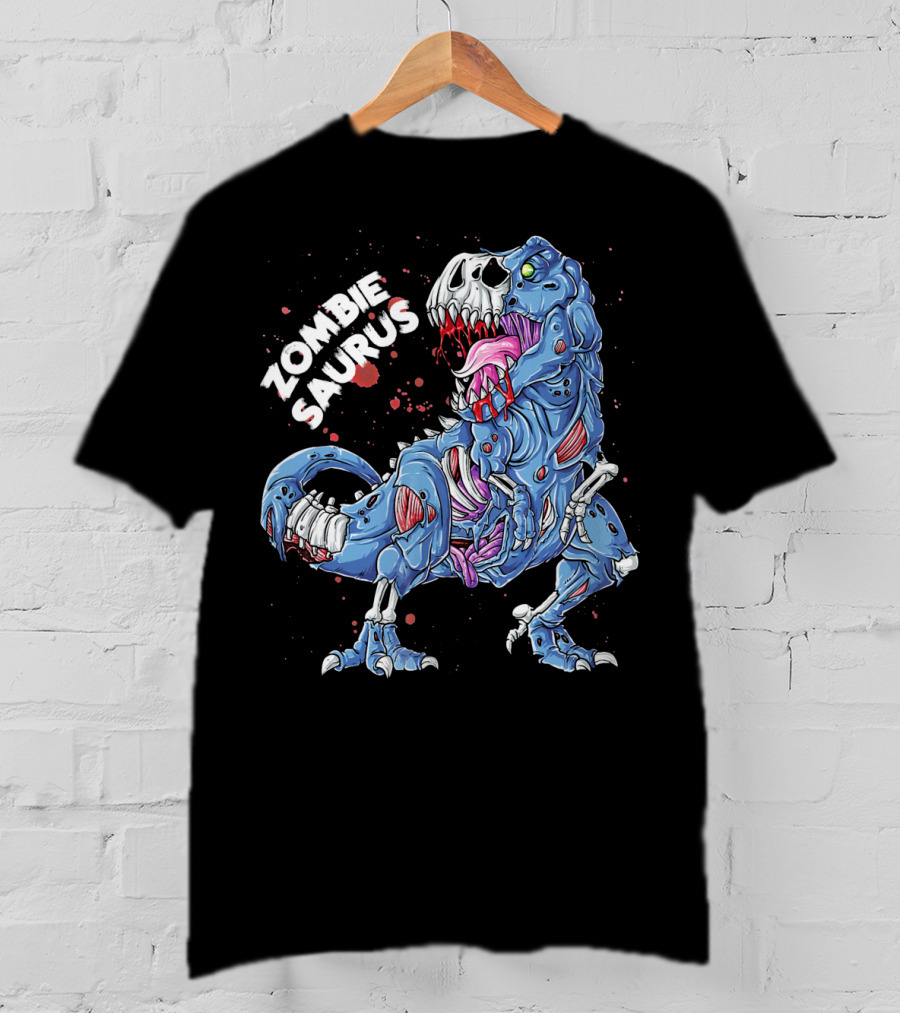 Zombie Saurus Halloween Kids Dinosaur Skeleton Blue T-Shirt