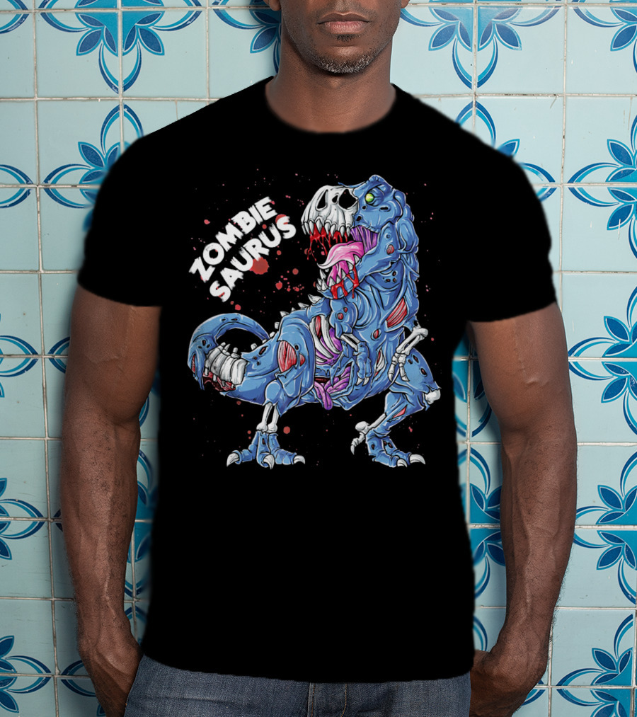 Zombie Saurus Halloween Kids Dinosaur Skeleton Blue T-Shirt
