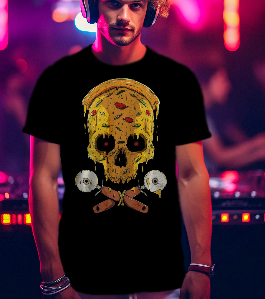 Pizza Cutter Skull Funny Halloween Costume Melting Slice T-Shirt