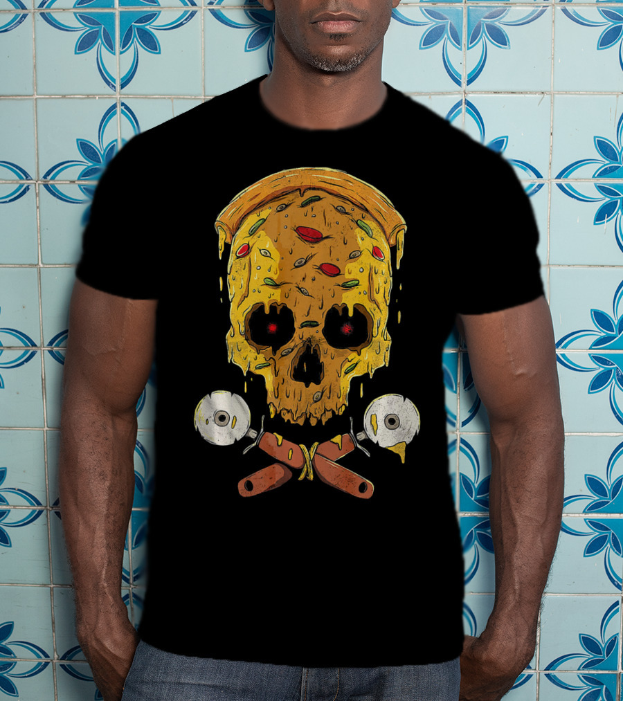 Pizza Cutter Skull Funny Halloween Costume Melting Slice T-Shirt